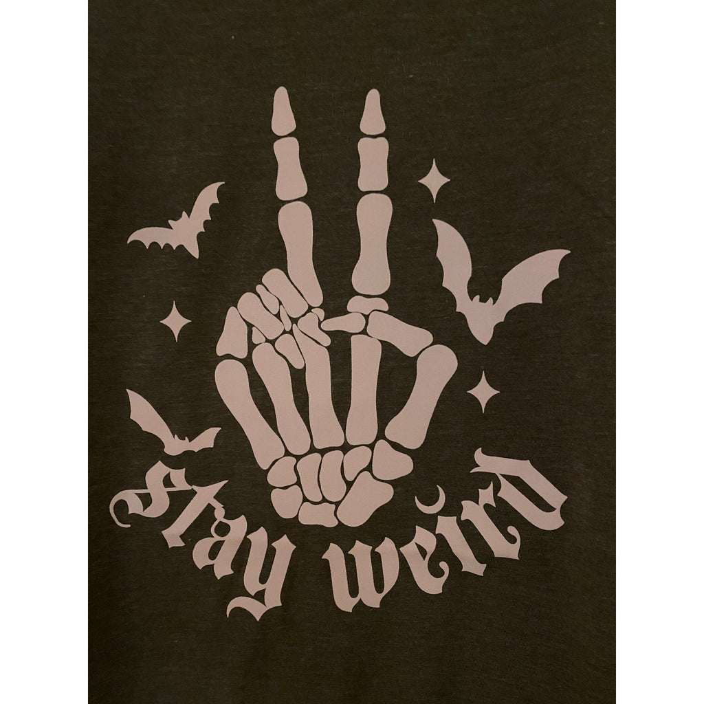 Stay Weird Skeleton Peace Bats Dark Gray Graphic Tee T-Shirt Slim Fit Size XL
