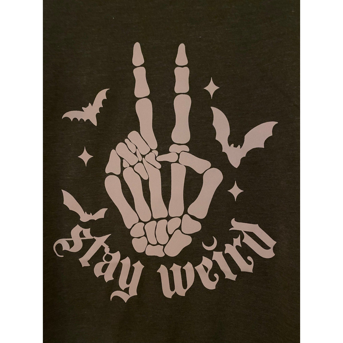 Stay Weird Skeleton Peace Bats Dark Gray Graphic Tee T-Shirt Slim Fit Size XL