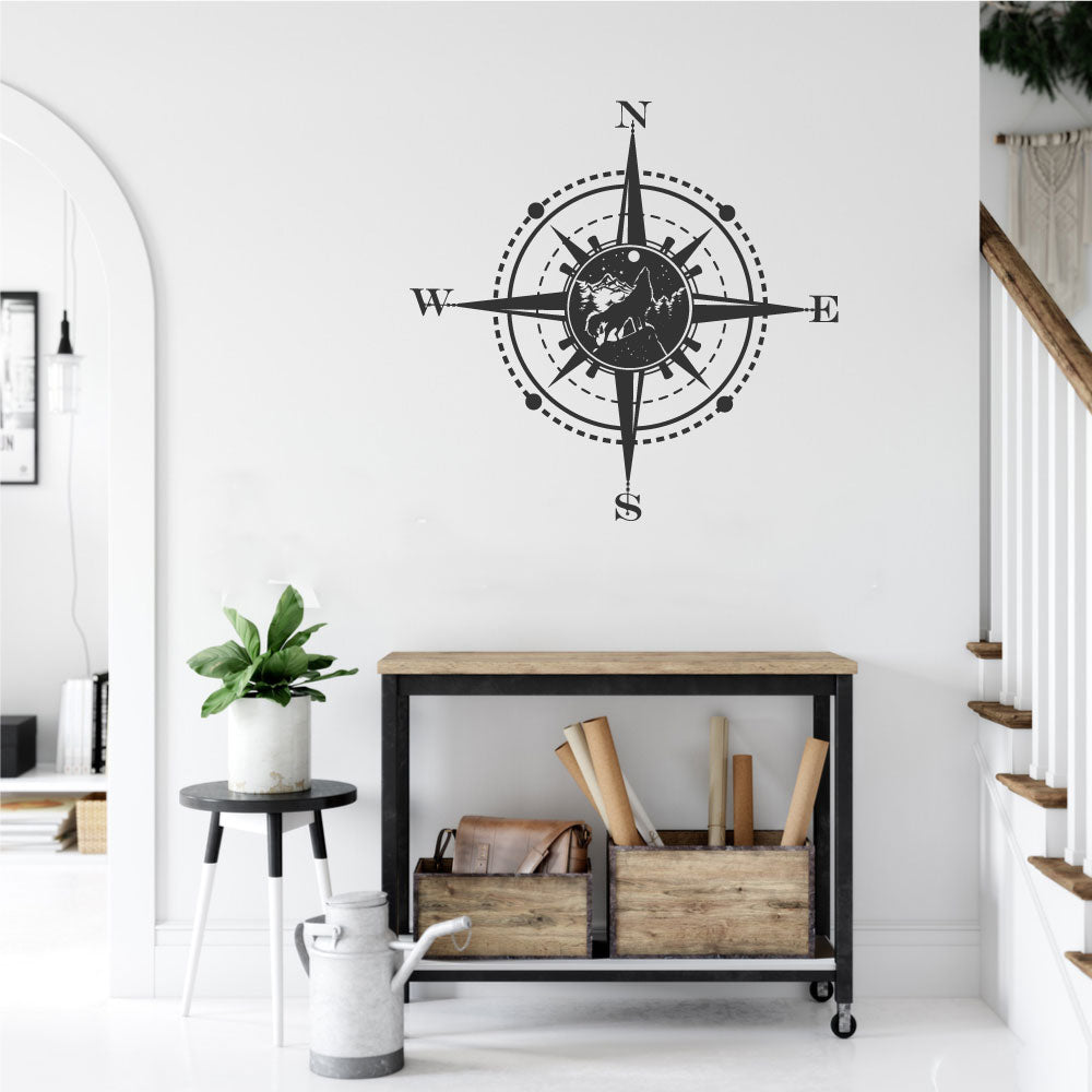 Compass With Wolf Pine Trees and Mountains Vinyl Home Decor Wall Decal 
