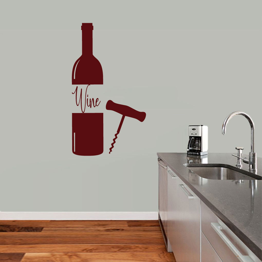Wine Bottle and Corkscrew Kitchen Vinyl Home Decor Wall Decal 