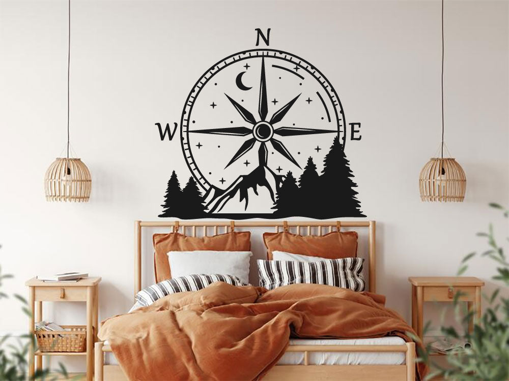 Compass With Pine Trees Vinyl Home Decor Wall Decal 