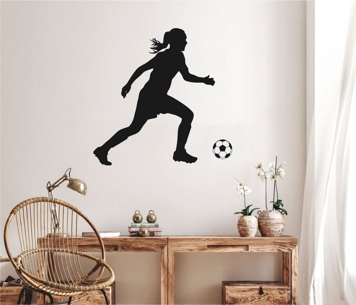 Soccer Player Girl Silhouette With Optional Custom Monogram Name Vinyl Home Decor Wall Decal 