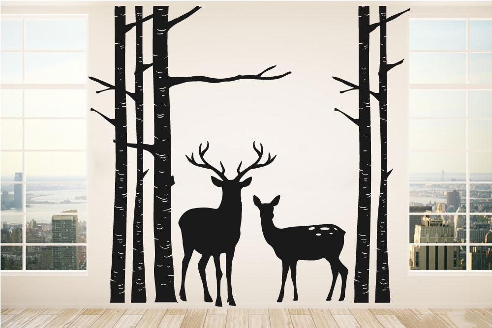 Winter Birch Trees and Deer Vinyl Home Decor Wall Decal 