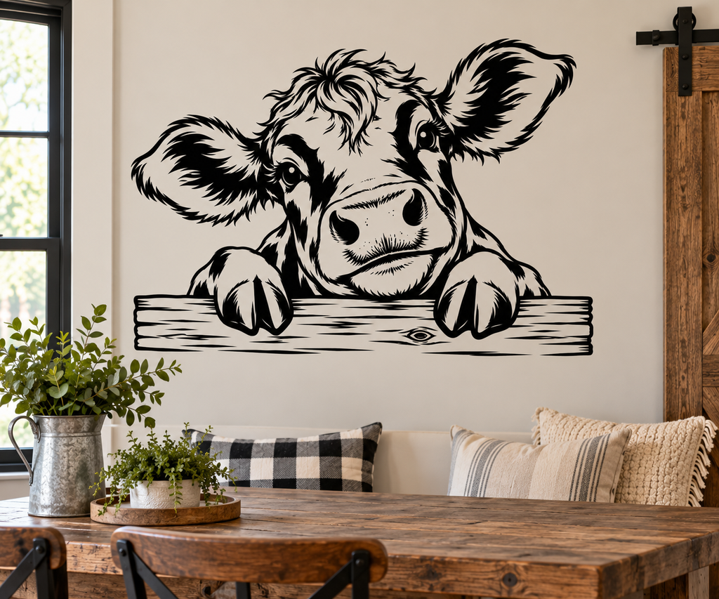 Cute Cow Peeking Over Fence Wall Decal