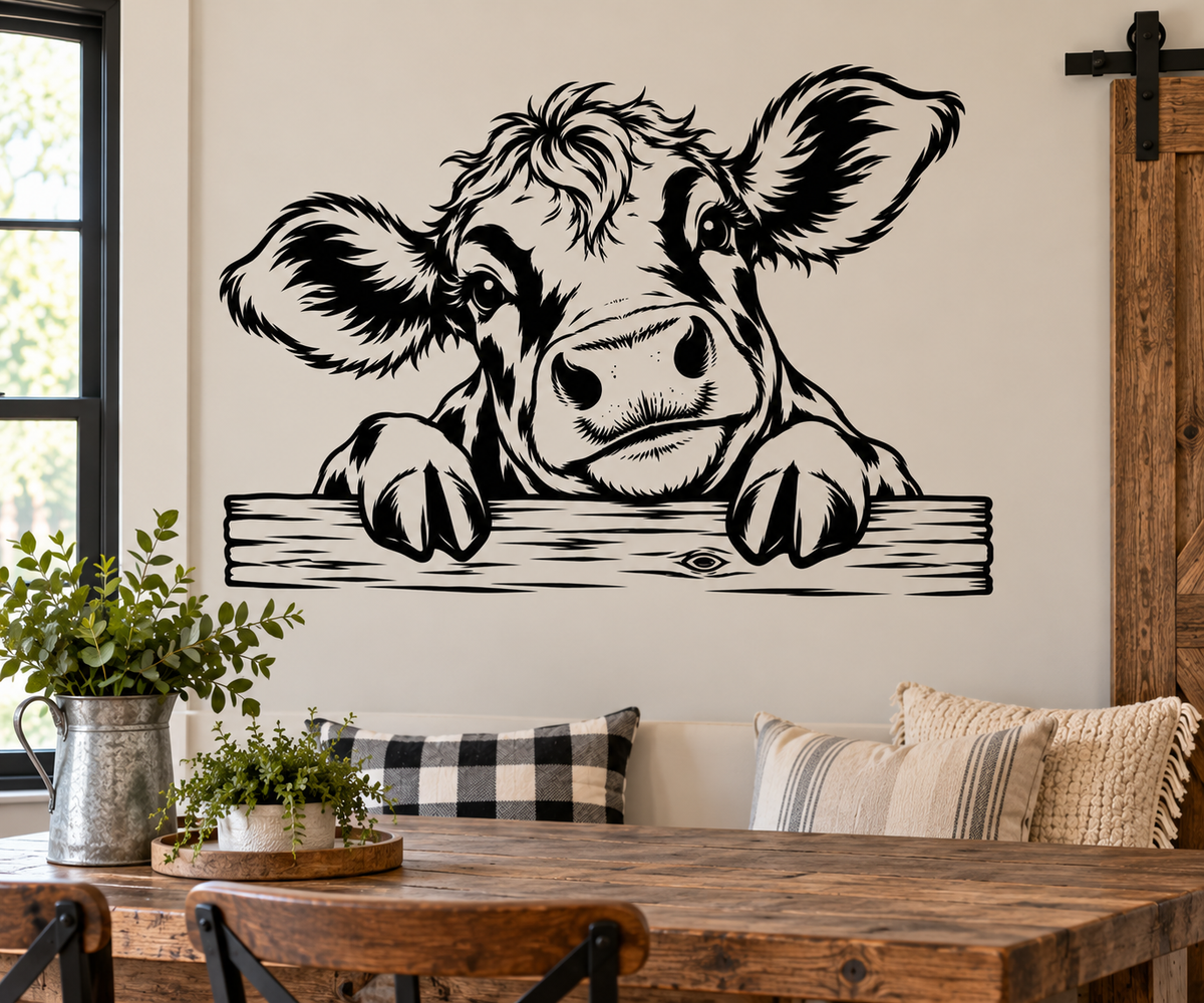 Cute Cow Peeking Over Fence Wall Decal