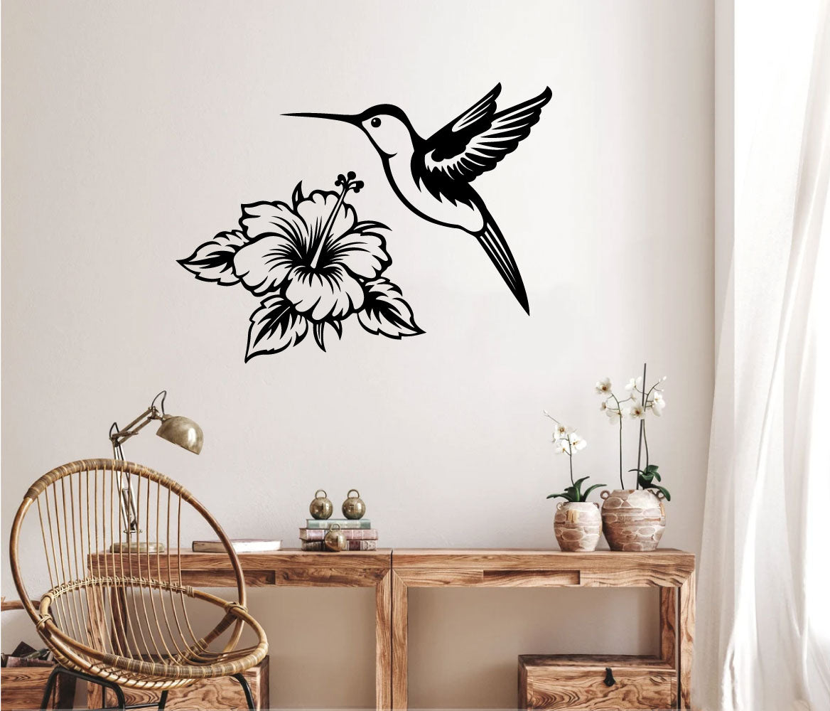 Hummingbird and Tropical Hibiscus Flower Vinyl Wall Decal