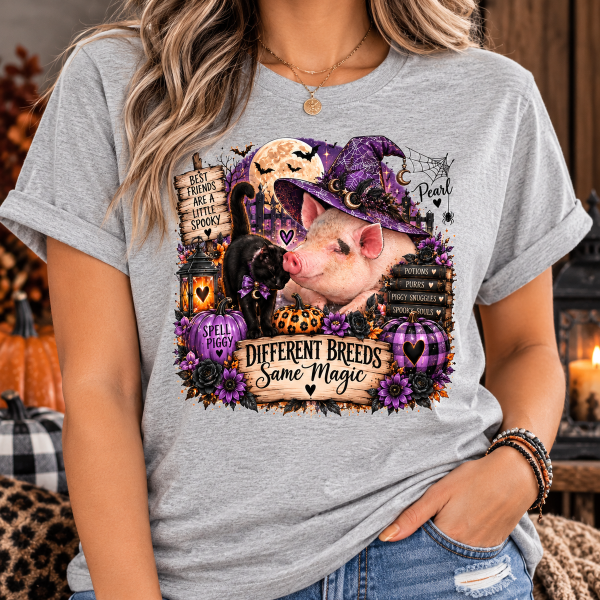 Pearl and Cat Different Breeds Same Magic Witch Hat Crew Neck T-Shirt