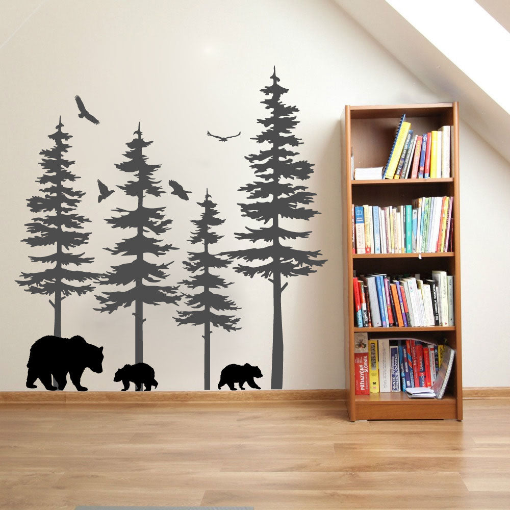 Pine Trees Forest and Bears Vinyl Die Cut Home Decor Wall Decal 