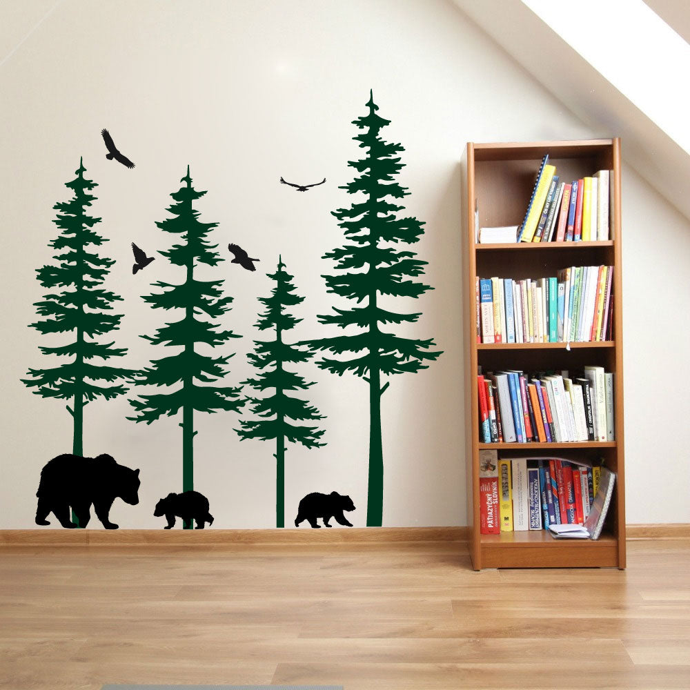 Pine Trees Forest and Bears Vinyl Die Cut Home Decor Wall Decal 