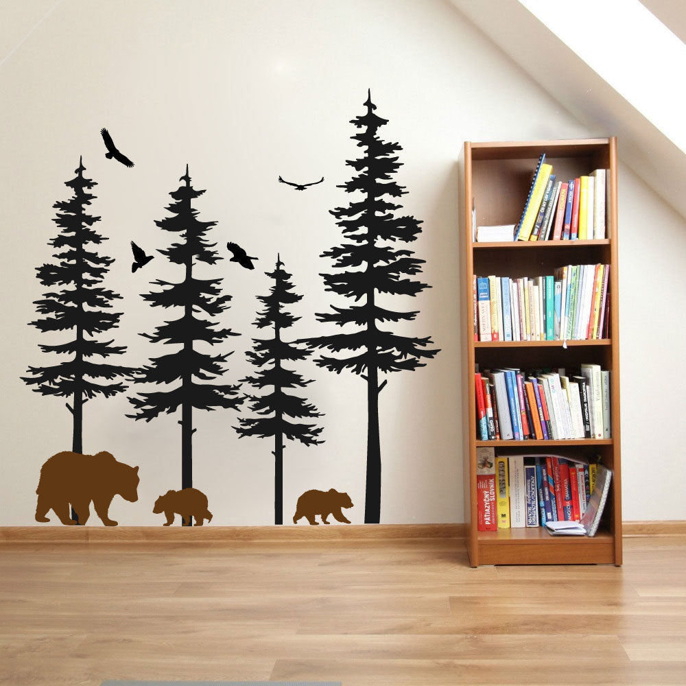 Pine Trees Forest and Bears Vinyl Die Cut Home Decor Wall Decal 