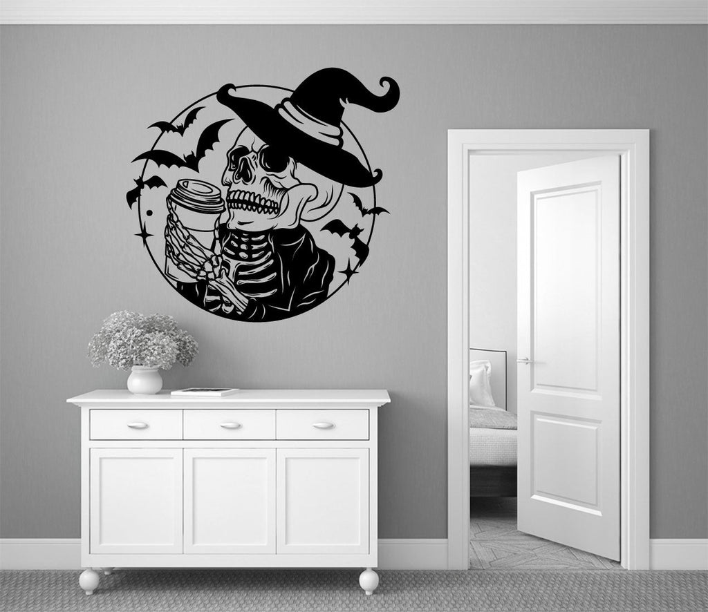Skeleton in Witch Hat Drinking Coffee With Bats Vinyl Wall Decal