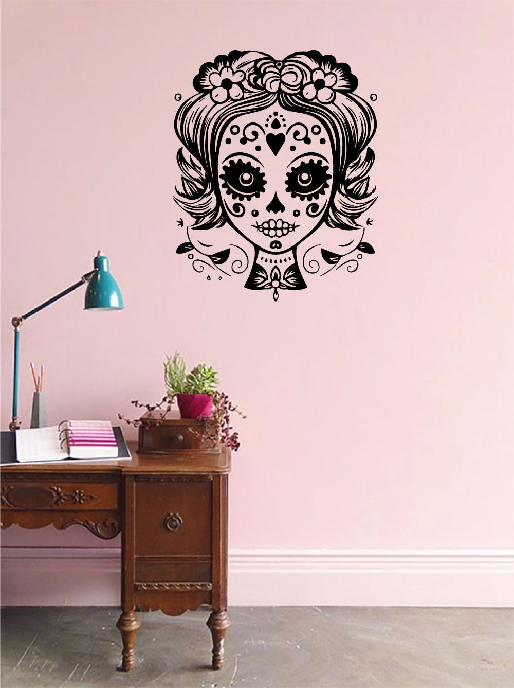 Sugar Skull Girl and Flowers Vinyl Wall Decal
