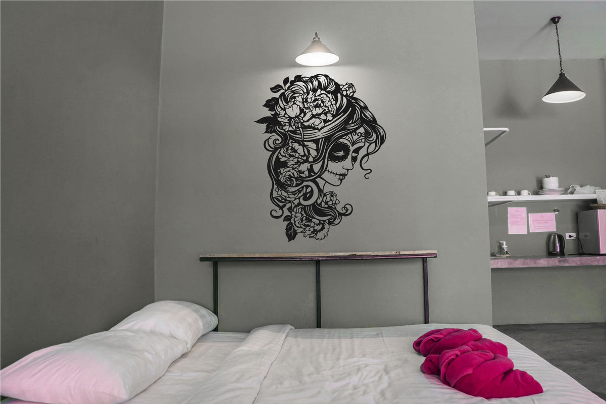 Sugar Skull Girl and Flowers Vinyl Wall Decal