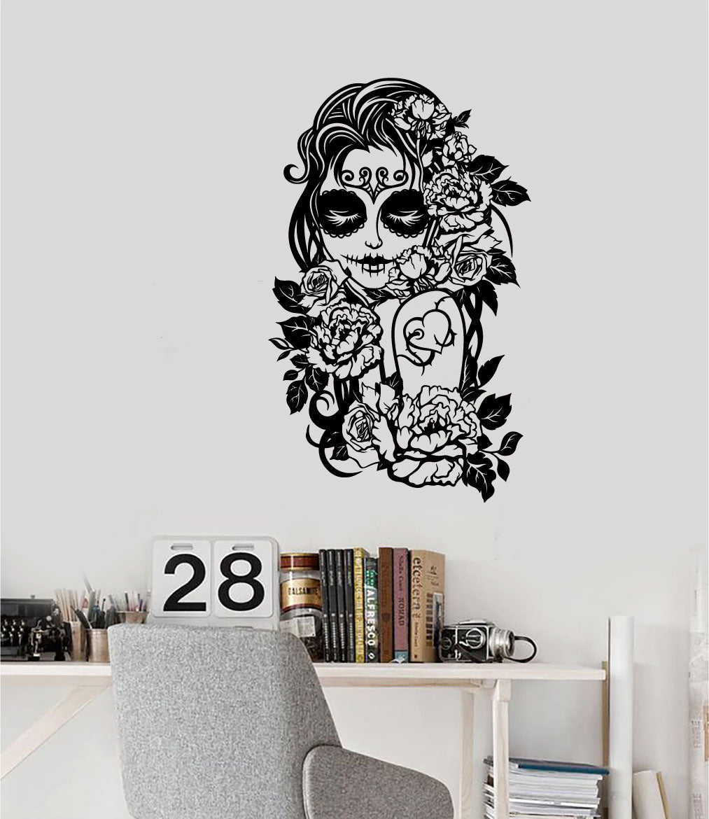 Sugar Skull Girl and Roses Vinyl Home Decor Wall Decal 