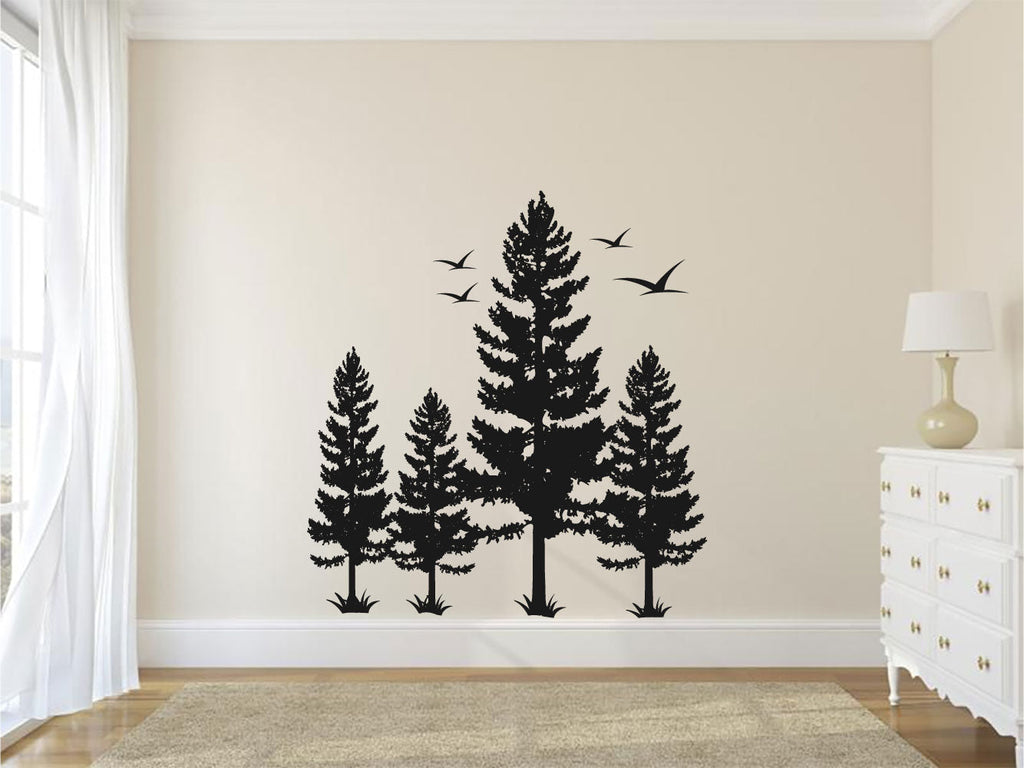 Pine Trees and Birds Vinyl Home Decor Wall Decal 