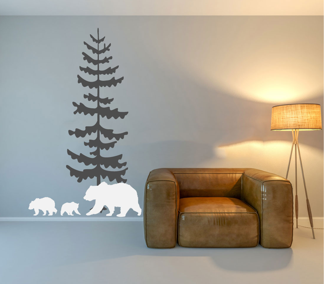 Bear Cubs and Pine Tree Vinyl Wall Decal