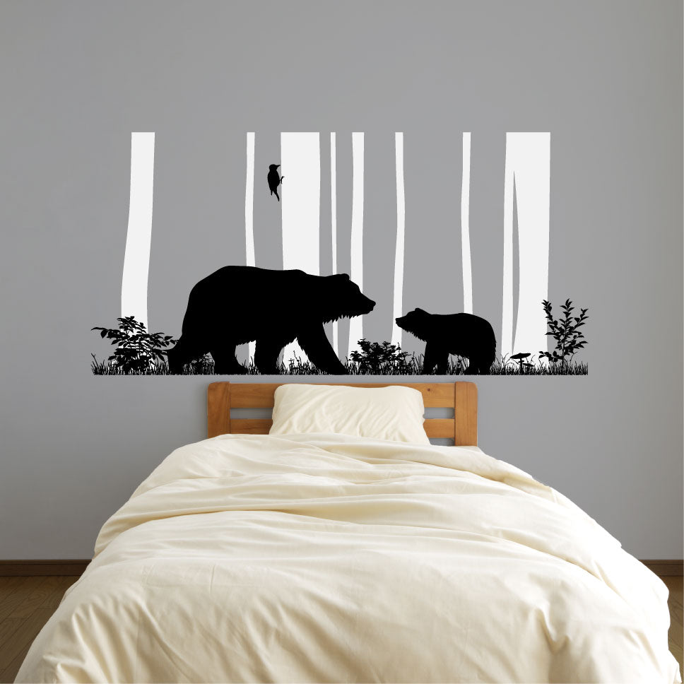 Bear and Cub with Trees Silhouette Vinyl Wall Decal