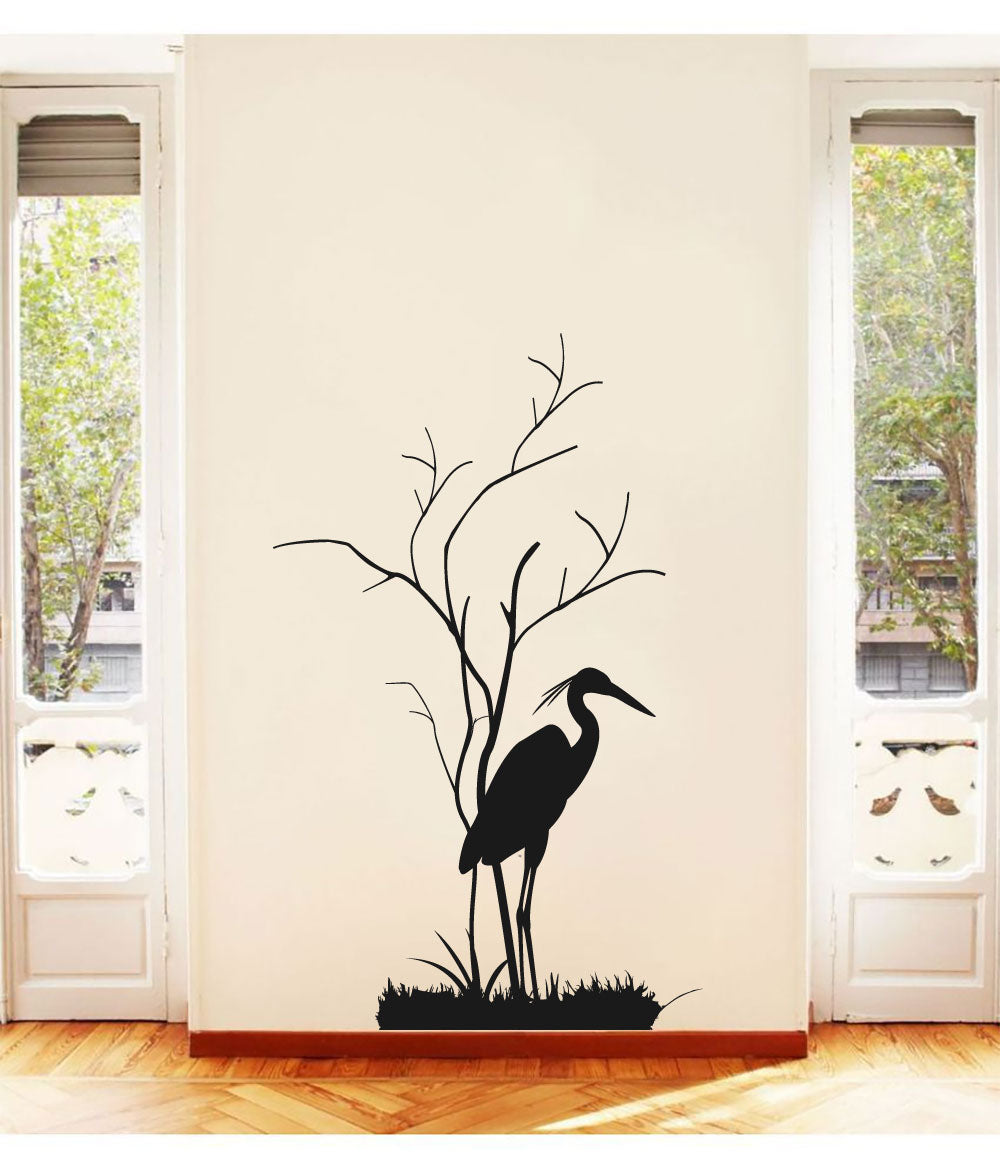 Tropical Heron Silhouette With Tree and Grass Coastal Vinyl Home Decor Wall Decal 
