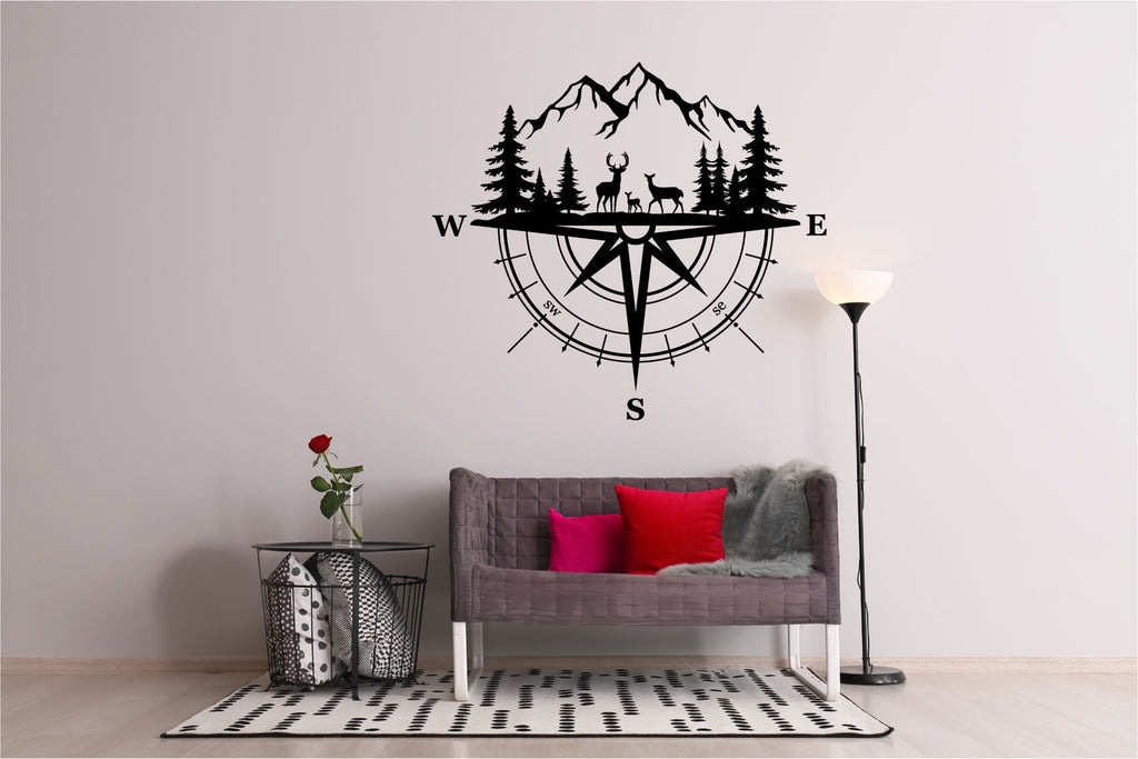 Deer Mountains and Pine Trees Compass Vinyl Wall Decal