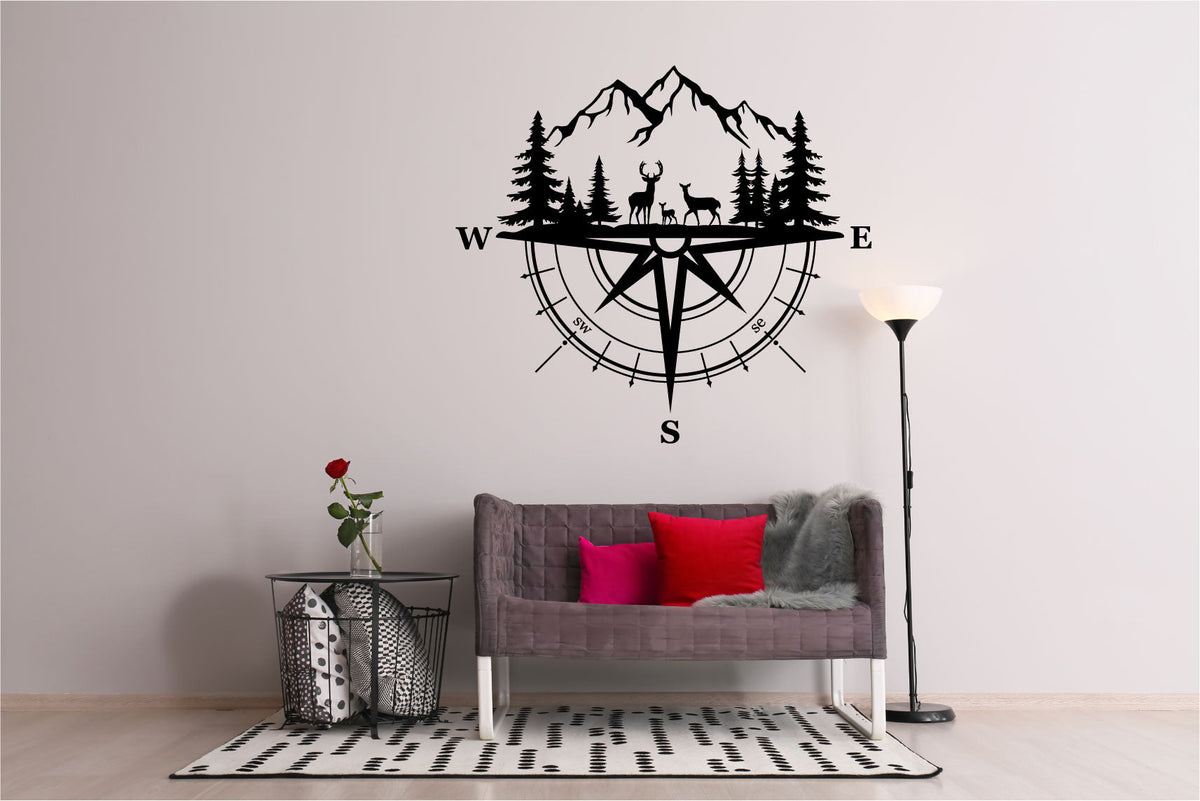 Deer Mountains and Pine Trees Compass Vinyl Wall Decal