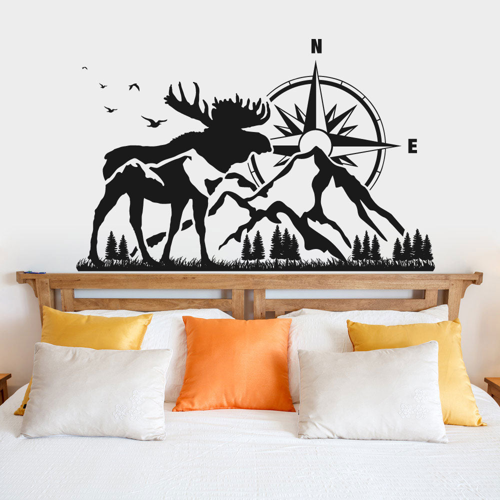 Moose Mountains and Pine Trees Compass Vinyl Wall Decal
