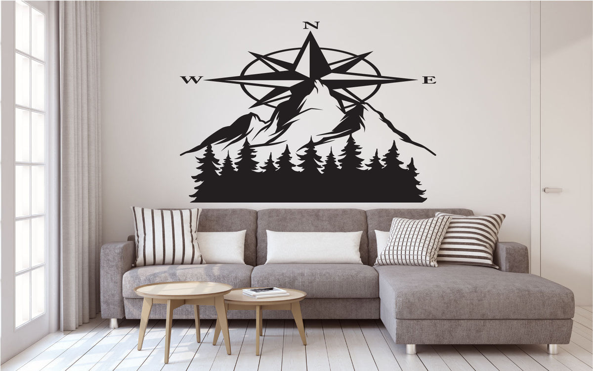 Mountains and Pine Trees Compass Vinyl Wall Decal