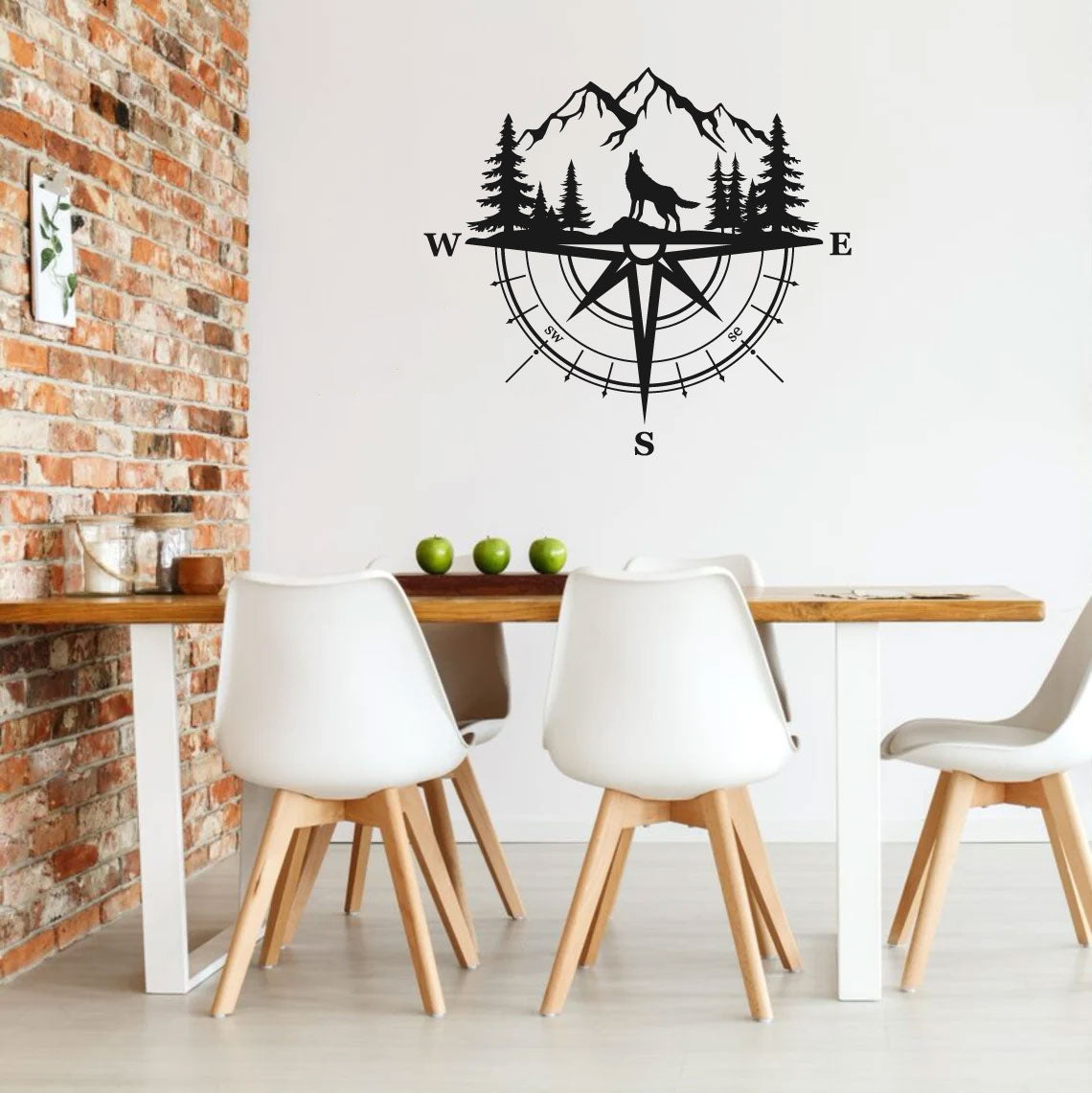 Wolf Mountains and Pine Trees Compass Vinyl Wall Decal