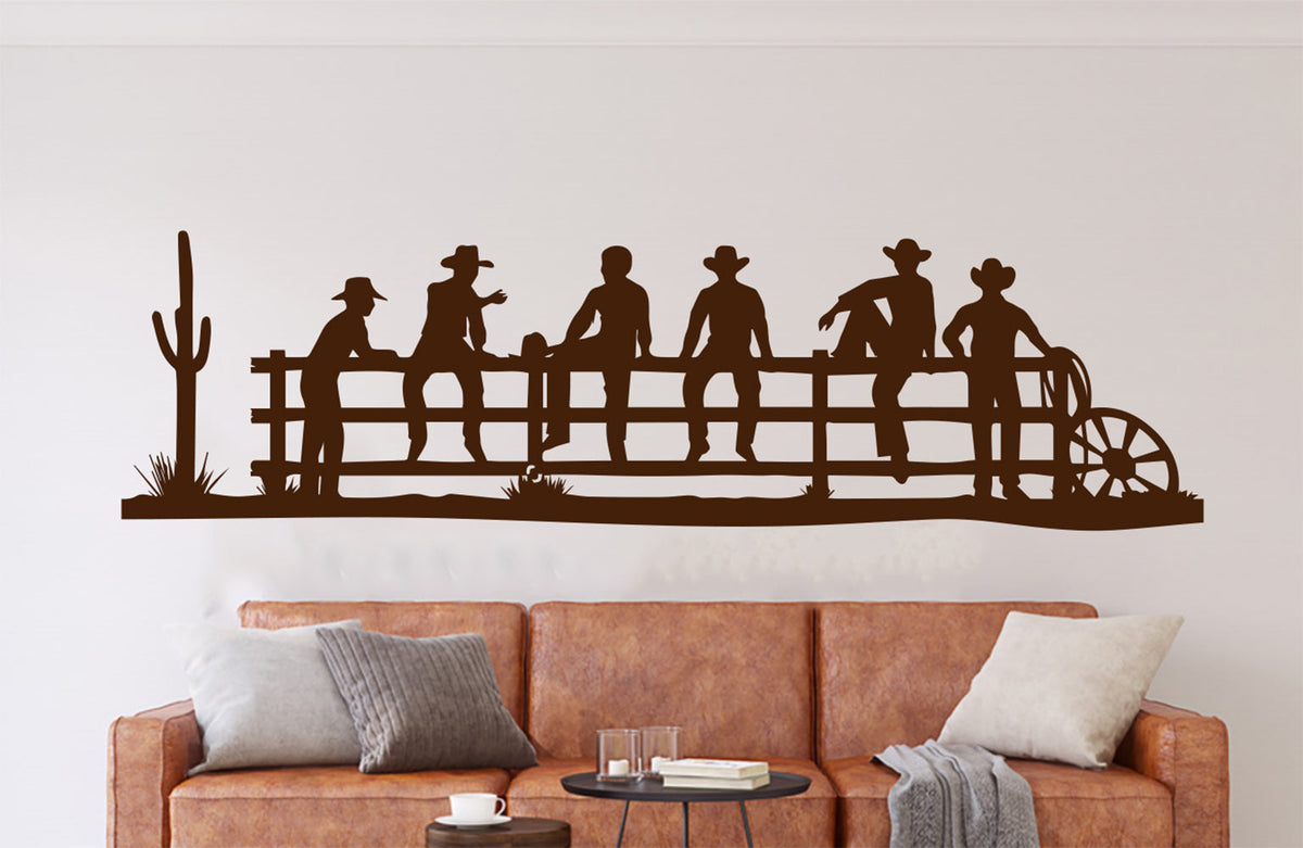 Country Cowboy Silhouettes Sitting on Fence Vinyl Wall Decal