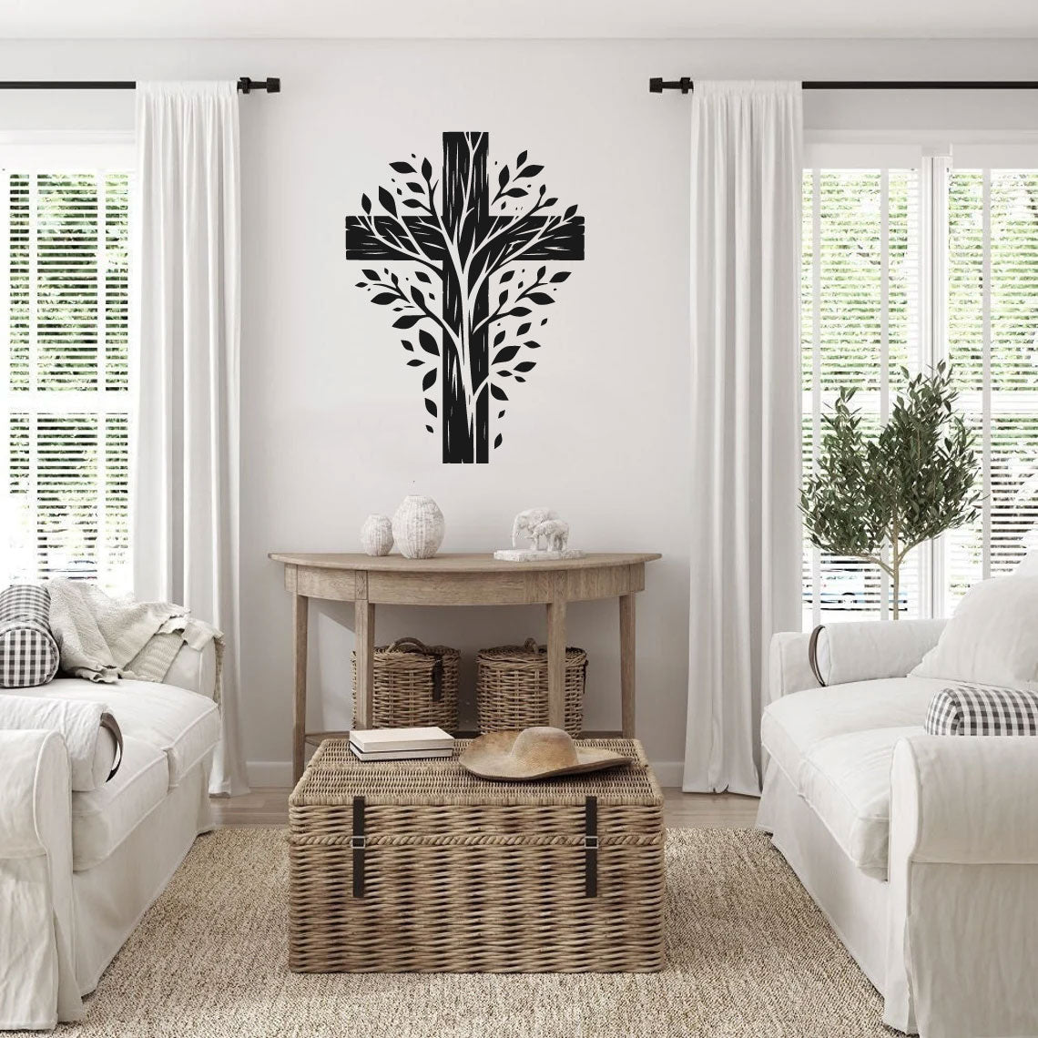 Cross With Branch Vinyl Wall Decal