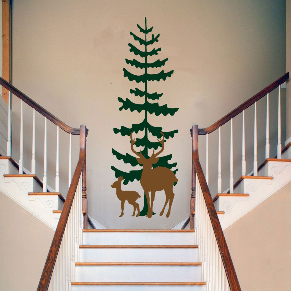 Deer and Spruce Pine Tree Silhouette Vinyl Home Decor Wall Decal 