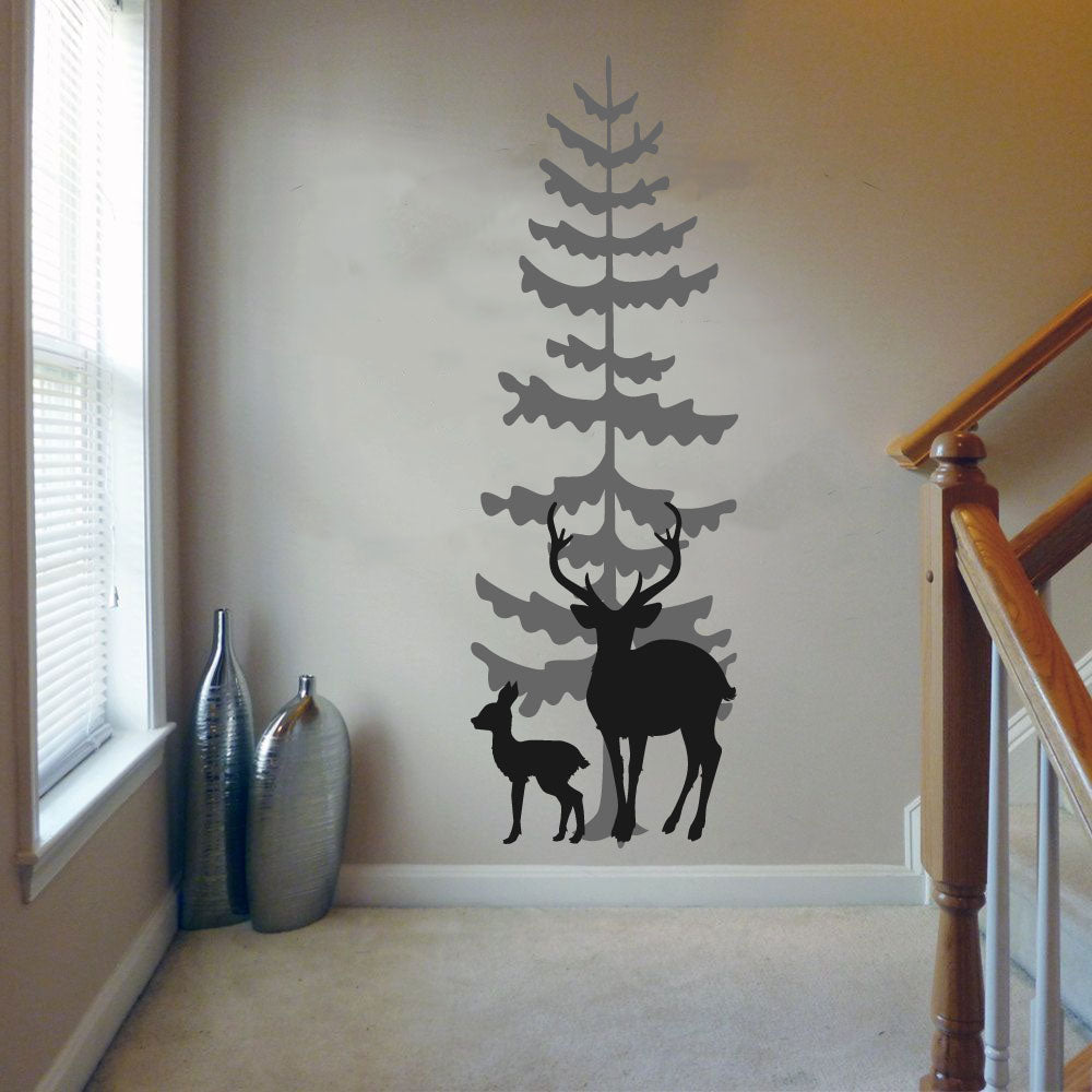 Deer and Spruce Pine Tree Silhouette Vinyl Home Decor Wall Decal 