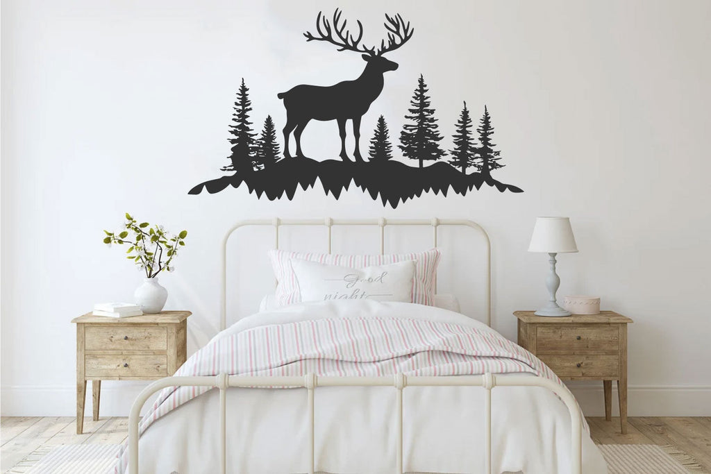 Deer and Pine Trees Silhouette Vinyl Wall Decal