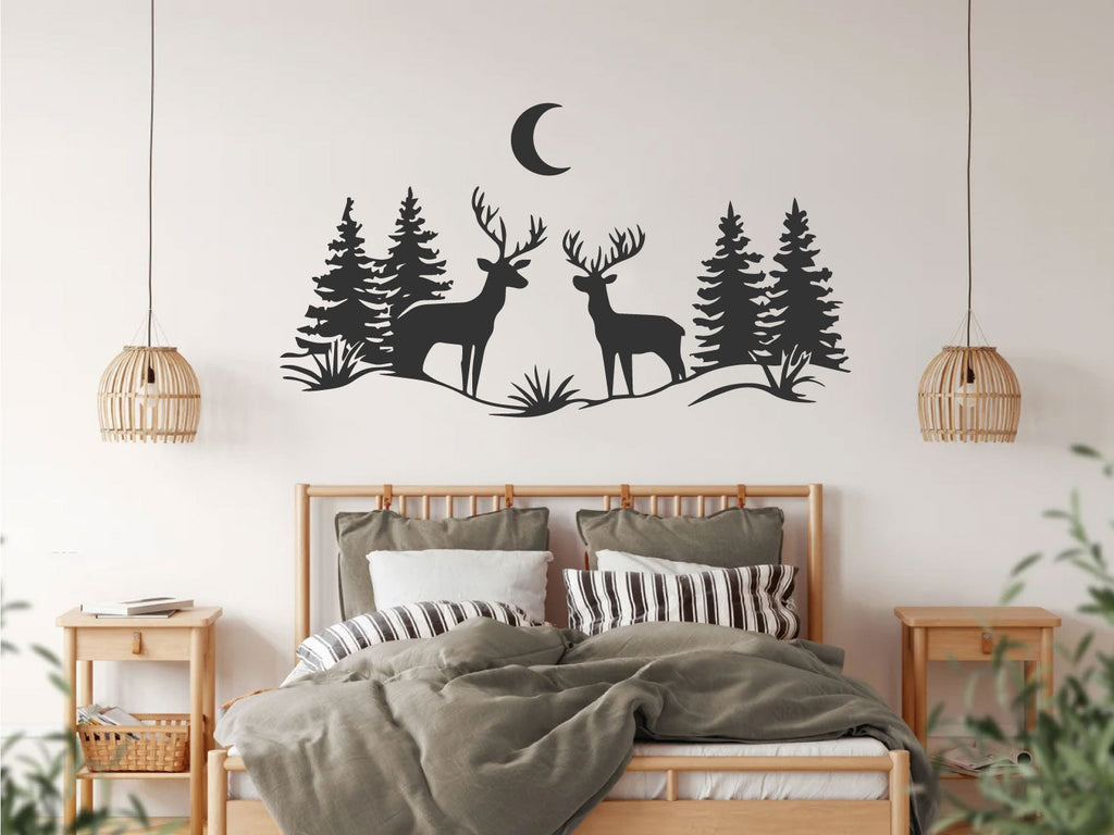 Deer and Pine Trees Silhouette Vinyl Wall Decal