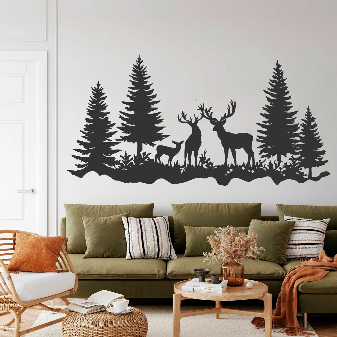 Deer and Pine Trees Silhouette Vinyl Wall Decal