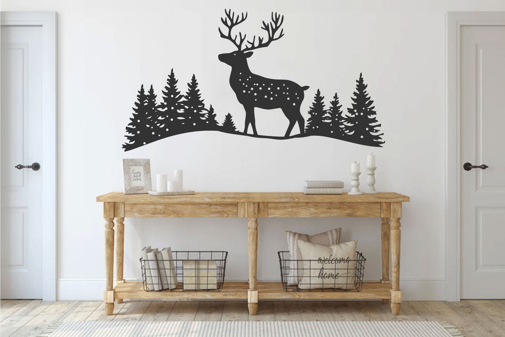 Deer and Pine Trees Silhouette Vinyl Wall Decal