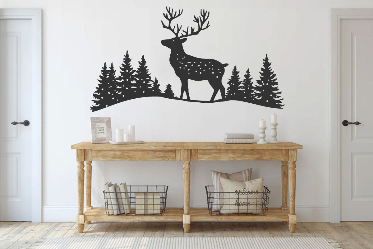 Deer and Pine Trees Silhouette Vinyl Wall Decal