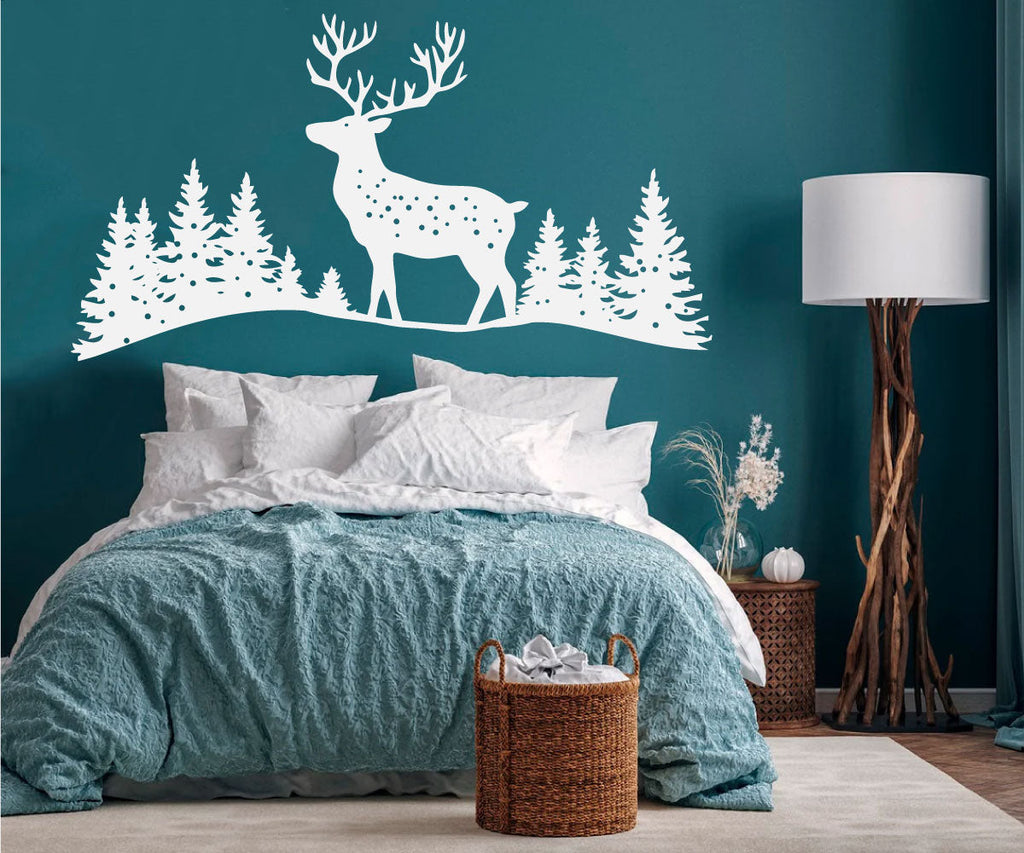 Deer and Pine Trees Silhouette Vinyl Wall Decal