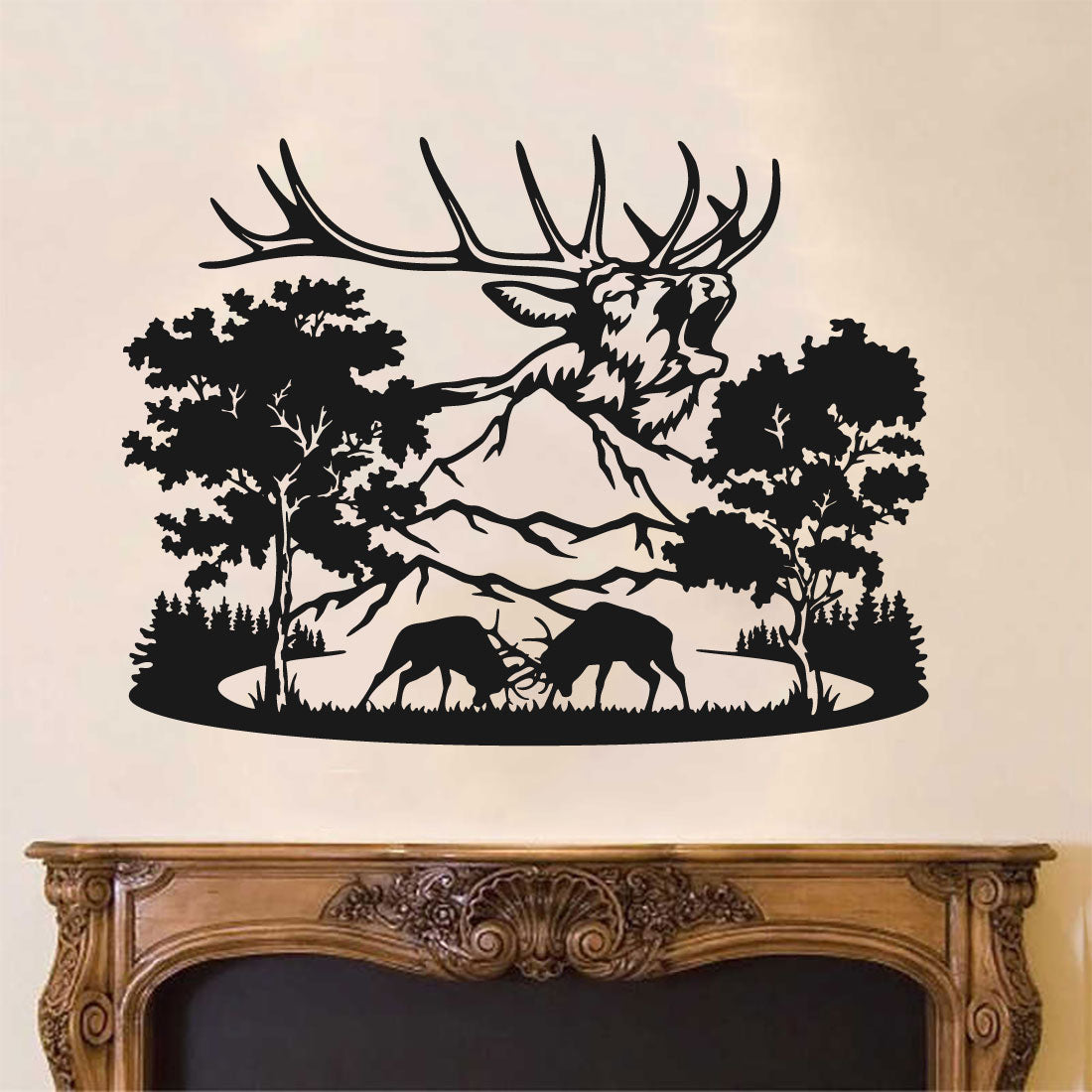 Elk Mountains and Trees Silhouette Vinyl Wall Decal