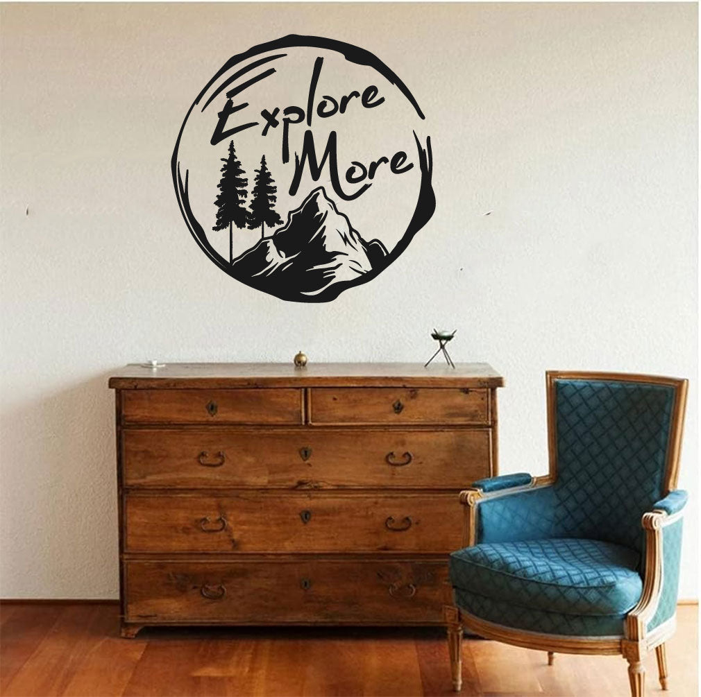 Explore More with Mountain and Pine Trees Vinyl Wall Words Decal