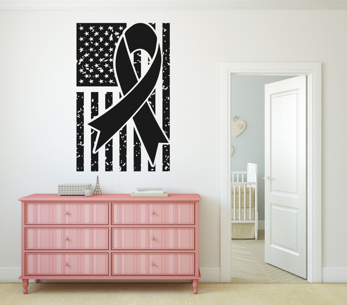 USA American Flag Cancer Awareness Ribbon Vinyl Home Decor Wall Decal 