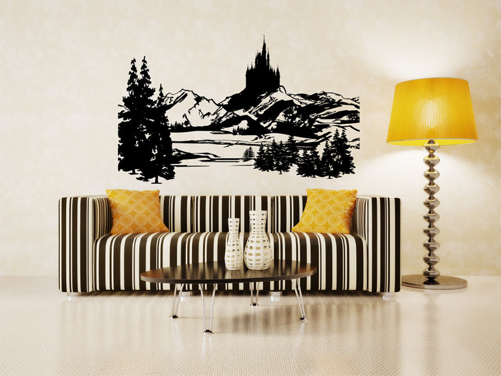Pine Trees Forest Mountain Range and Castle Vinyl Home Decor Wall Decal
