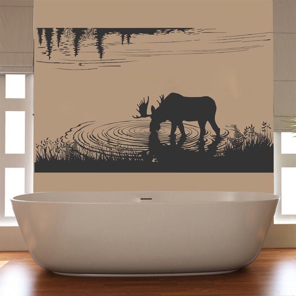 Moose and Lake Silhouette Vinyl Home decor Wall Decal 