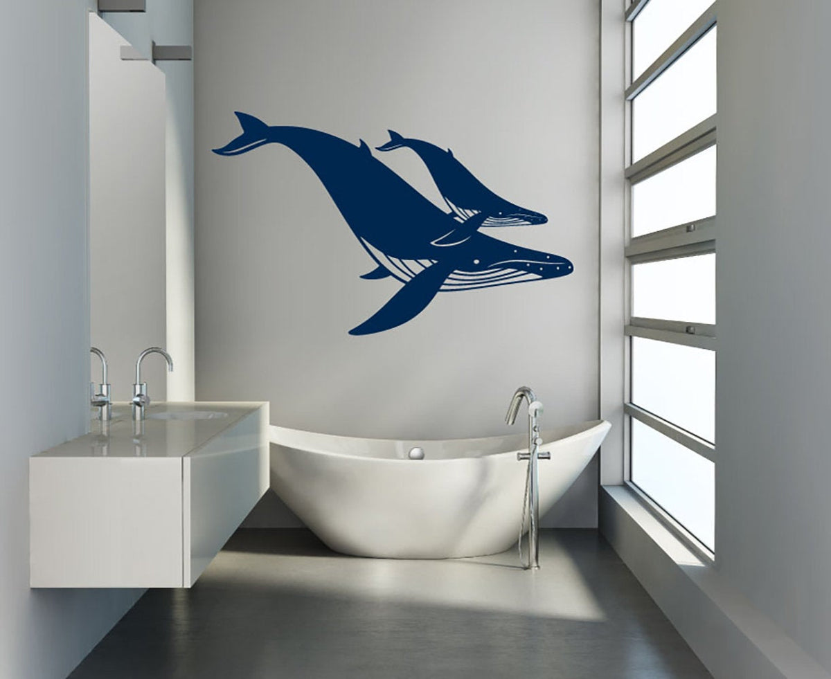 Humpback Whale Mom and Calf Silhouette Vinyl Home Decor Wall Decal 