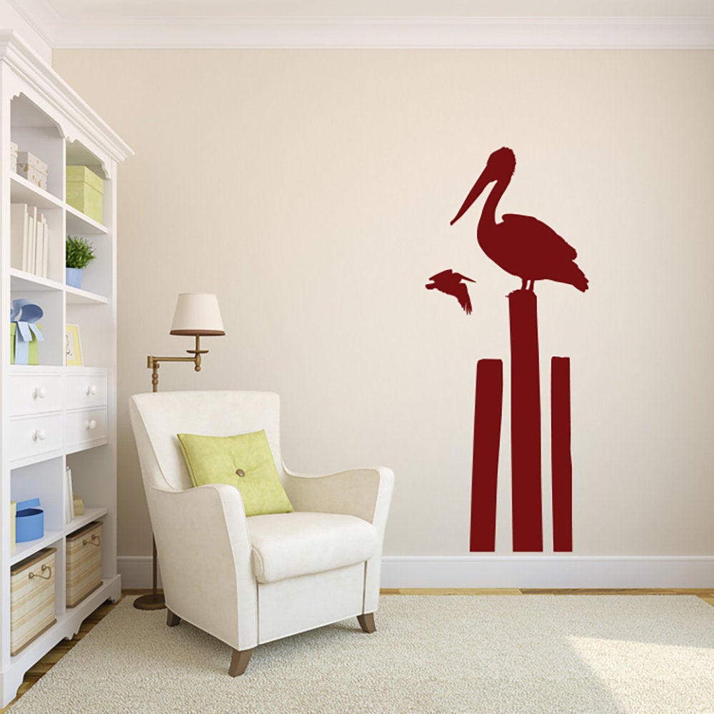 Tropical Pelican on Sea Post Silhouette Coastal Vinyl Home Decor Wall Decal 