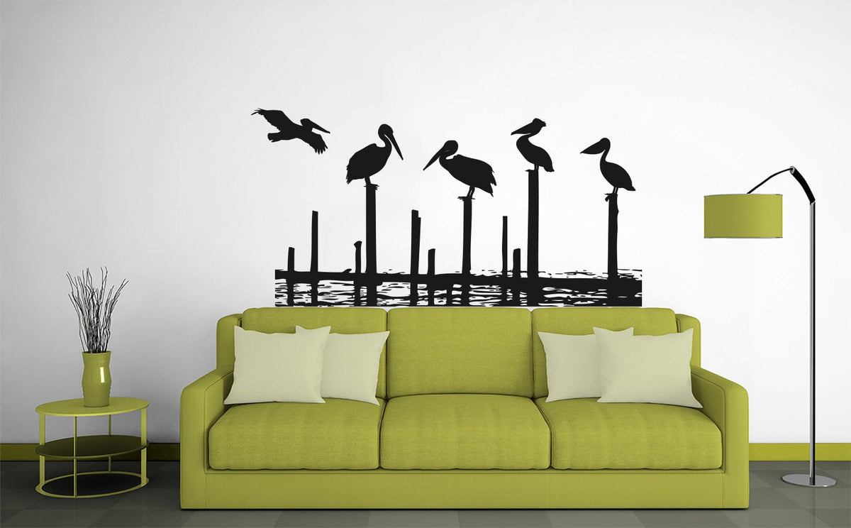 Tropical Pelicans on Sea Posts Silhouette Coastal Vinyl Home Decor Wall Decal 