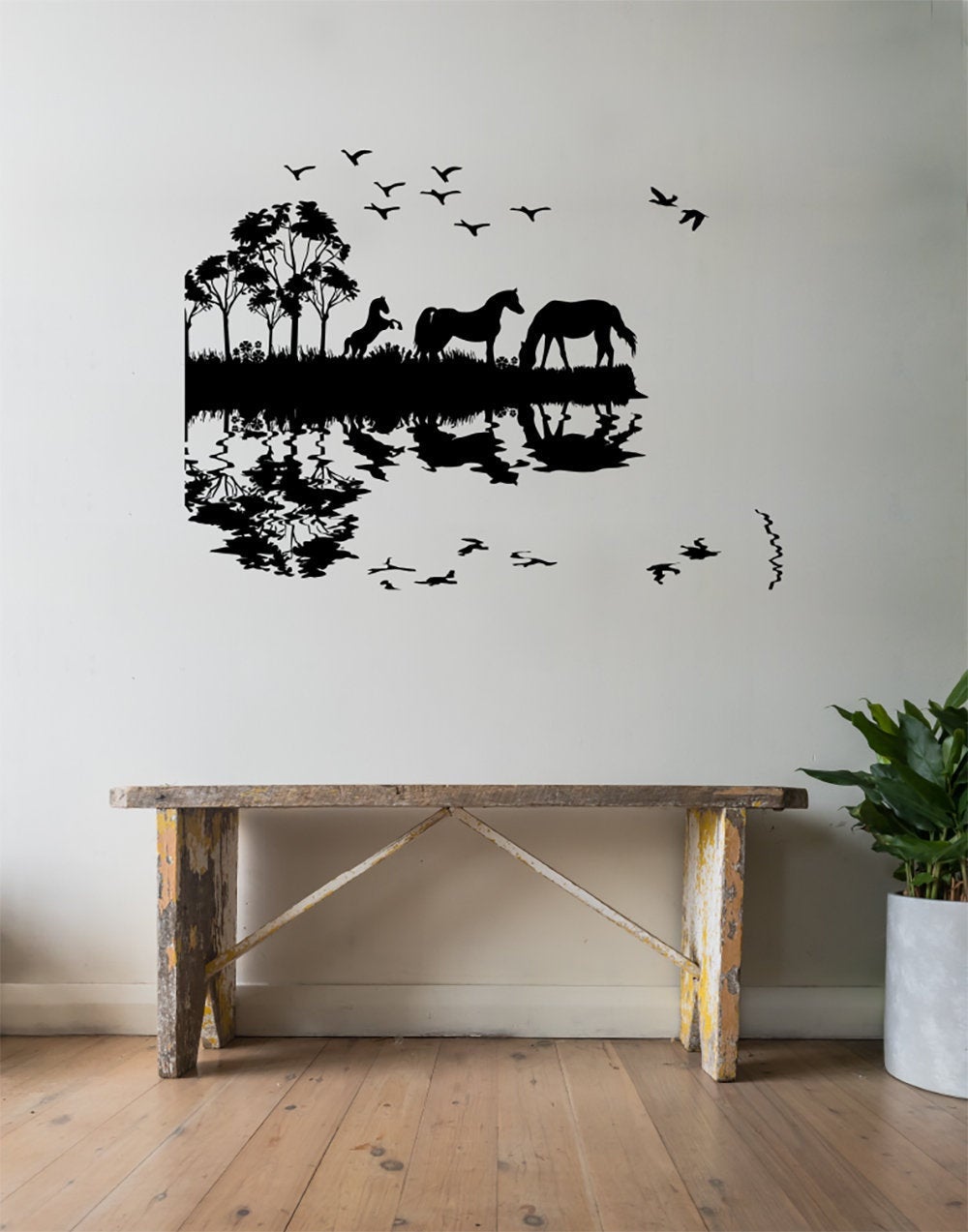 Horses in the Pasture with Reflection Trees and Grass Silhouette Vinyl Home Decor Wall Decal 