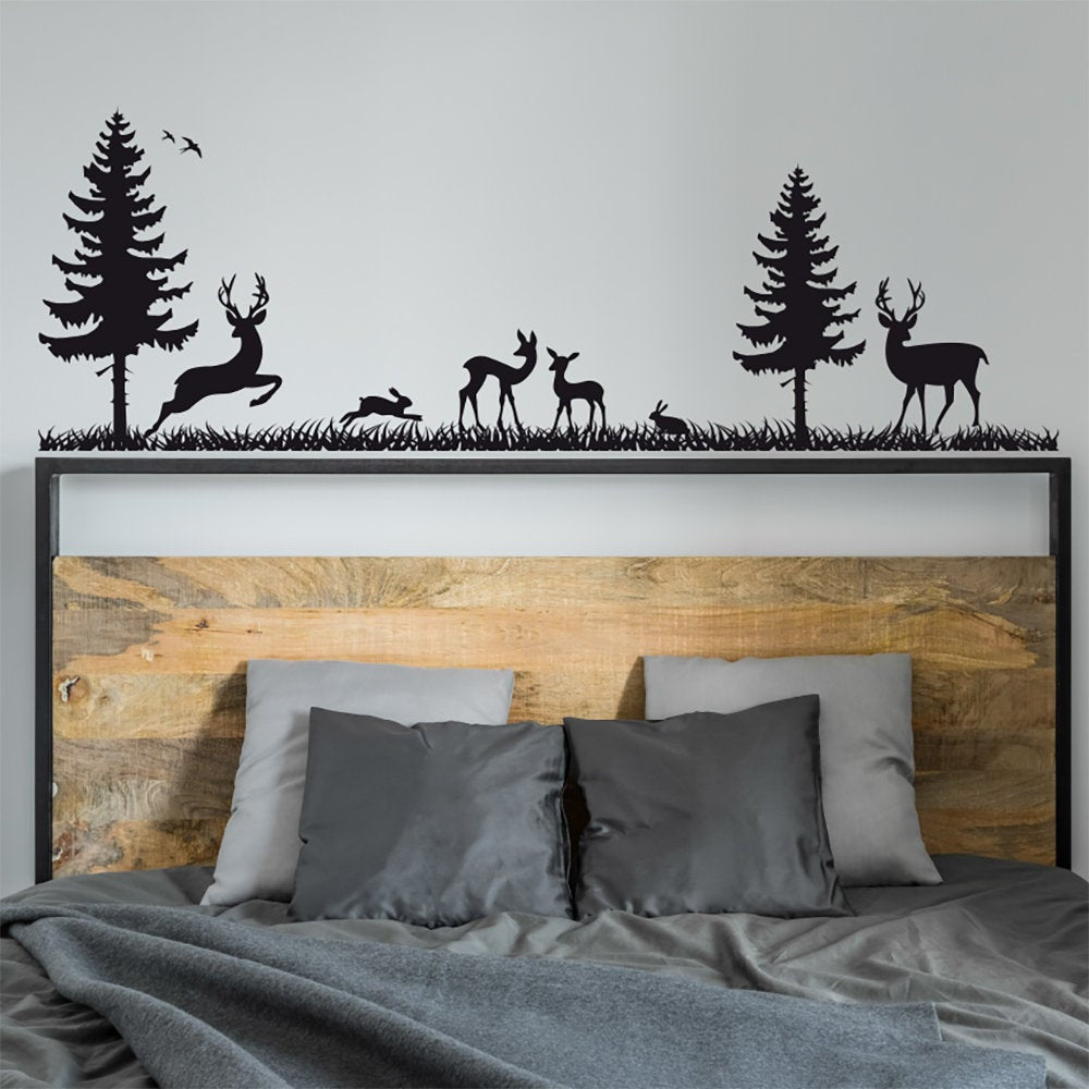 Deer and Pine Trees Vinyl Home Decor Wall Decal 