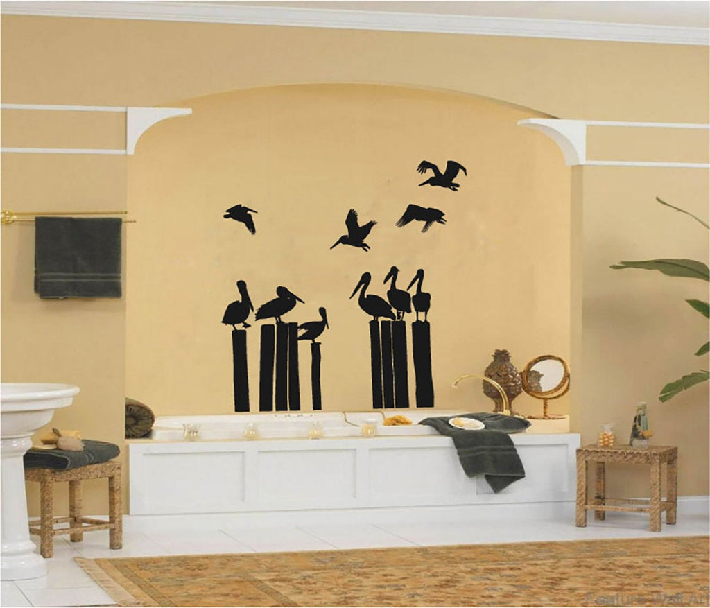 Tropical Pelicans on Sea Posts Silhouette Coastal Vinyl Home Decor Wall Decal 