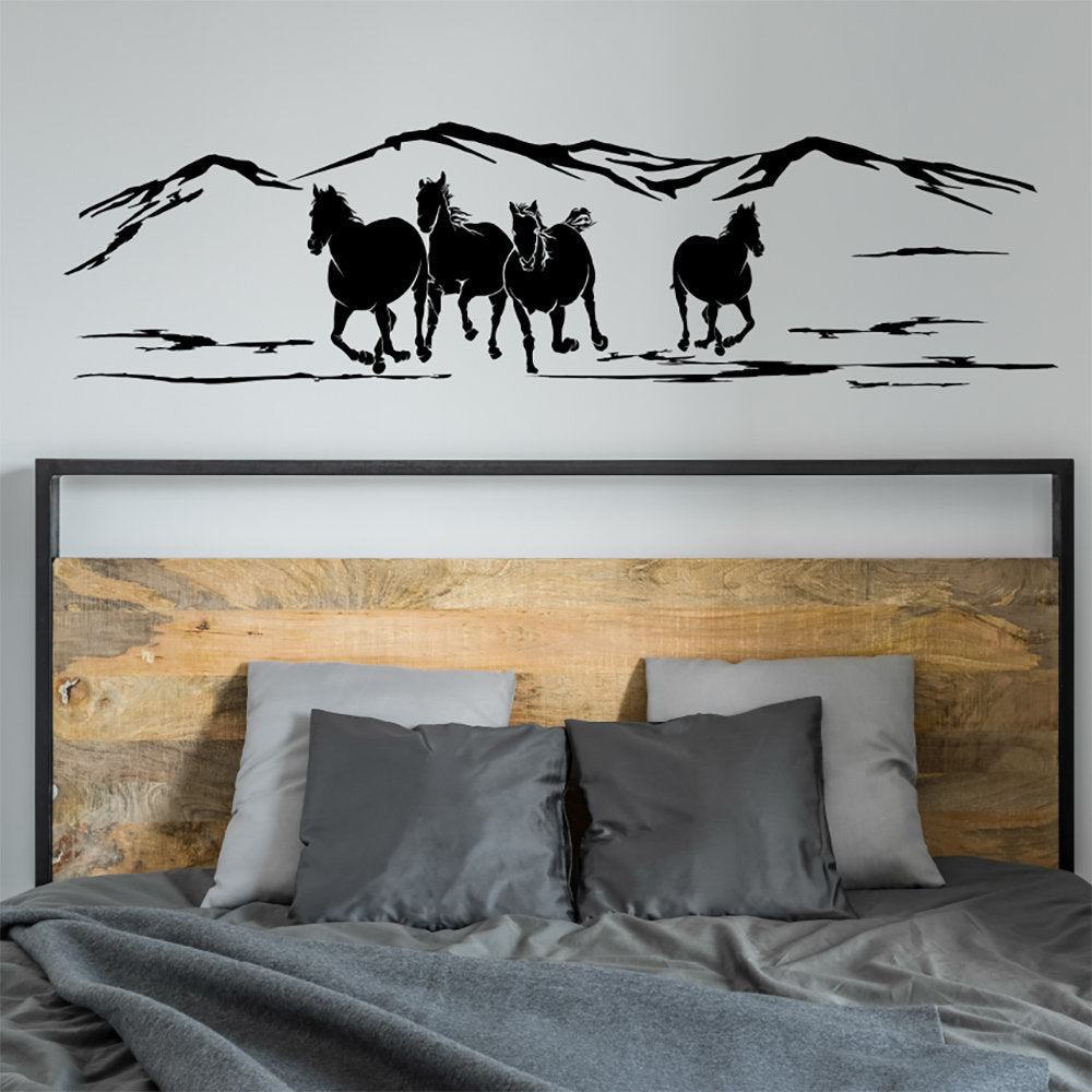 Horse Silhouettes and Mountain Range Vinyl Home Decor Wall Decal 