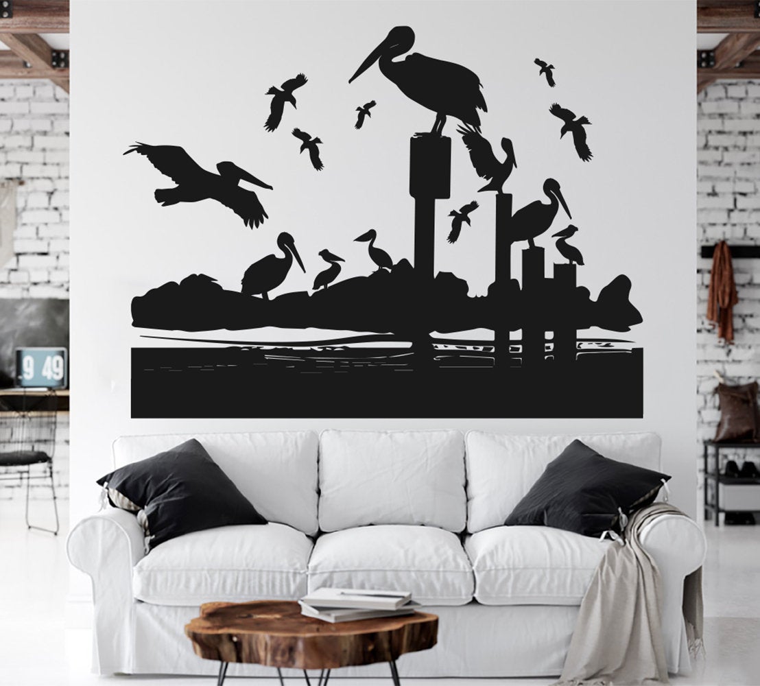 Tropical Pelicans on Sea Posts Silhouette Coastal Vinyl Home Decor Wall Decal 